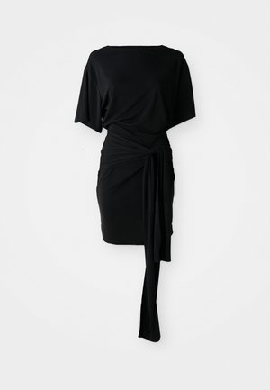 Black dress with a loose-fitting top, wrap-style waist detail, and a draped skirt. Made of smooth fabric, featuring a straight cut and short sleeves.