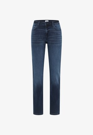 Granatowe jeansy o prostych nogawkach z przednimi kieszeniami, szlufkami na pasek i zapięciem na guziki, przedstawione na białym tle.