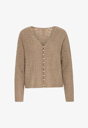 Béžový pletený kardigán s výstrihom do V, dlhými rukávmi a zložitým otvoreným vzorom. Zapína sa na perlové gombíky pozdĺž prednej strany.