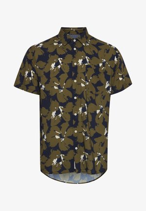 Camicia a maniche corte con bottoni di colore verde scuro e blu navy, caratterizzata da un motivo floreale con dettagli bianchi e un orlo arrotondato.