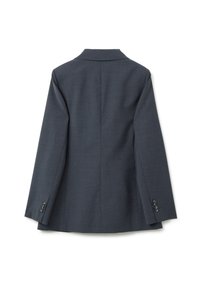Blazer grigio scuro con colletto a punta, maniche lunghe e dettagli in bottoni ai polsini. Tessuto liscio con silhouette su misura e strutturata.