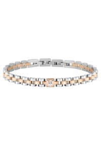 Armband i silver och roséguld med sammanlänkade länkar, en slät yta och en metallspänne med en logotypdetalj i mitten.