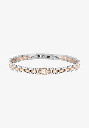 Armband aus Silber und Roségold mit ineinandergreifenden Gliedern, einer glatten Textur und einem metallischen Verschluss mit einem Logo-Detail in der Mitte.