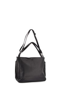 Schwarze Lederhandtasche mit einer weichen, strukturierten Oberfläche. Verfügt über zwei Griffe und ein geräumiges Hauptfach. Minimalistisches Design, vielseitige Form.