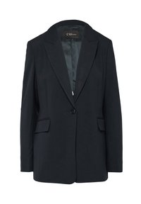 Black blazer with a notched lapel, single button closure, two front pockets, and smooth texture. Minimalist design with a tailored fit.