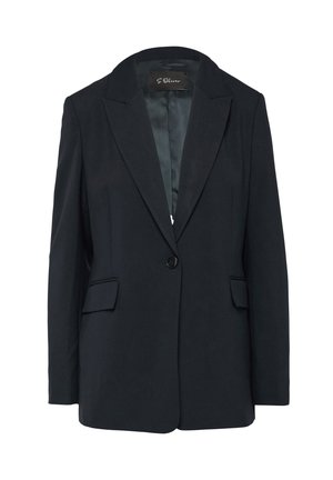 Blazer noir avec un revers cranté, fermeture à un bouton, deux poches avant et texture lisse. Design minimaliste avec une coupe ajustée.