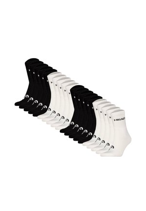 Fünfzehn Paar schwarz-weiße Knöchelsocken, abwechselnd angeordnet mit einem kleinen Logo nahe den Zehen und dem Text "HEAD" an den Bündchen.
