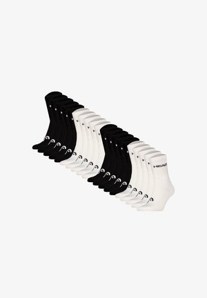 Fünfzehn Paar schwarz-weiße Knöchelsocken, abwechselnd angeordnet mit einem kleinen Logo nahe den Zehen und dem Text "HEAD" an den Bündchen.
