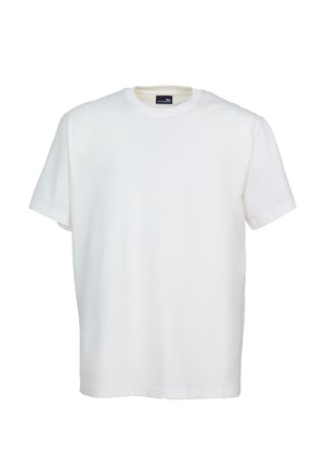 Hvid, kortærmet T-shirt med rund hals, vist forfra mod en hvid baggrund.