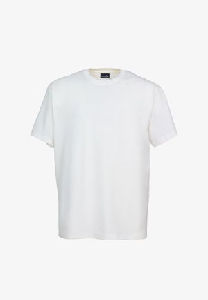 Jednoduché bílé tričko s krátkými rukávy a kulatým výstřihem, zobrazené zepředu na bílém pozadí.