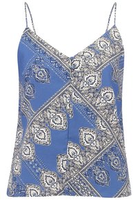 Camisola blu con spalline sottili, caratterizzata da un motivo paisley bianco e blu navy, un dettaglio a bottoni al centro e una texture di tessuto liscia.