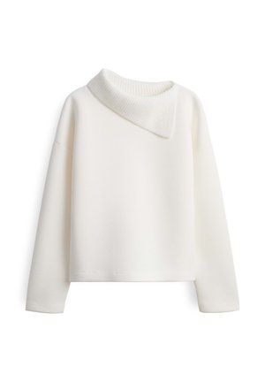 Witte sweatshirt met een diagonale ribbelkraag, lange mouwen en een cropped zoom. Gemaakt van zachte, gestructureerde stof, met een naadloos ontwerp.