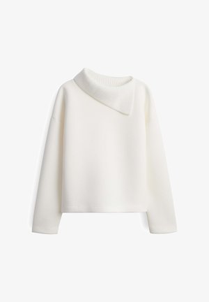 Sweatshirt blanc avec un col côtelé diagonal, des manches longues et un ourlet court. Fabriqué en tissu doux et texturé, avec un design sans couture.