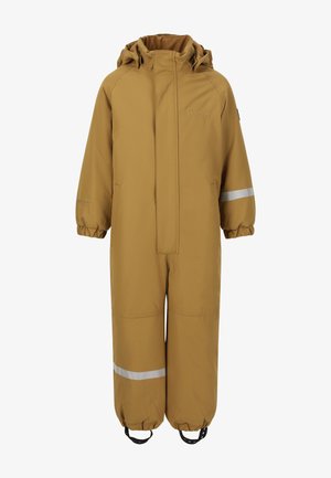 Brązowy wodoodporny kombinezon przeciwśniegowy z kapturem, elastycznymi mankietami i odblaskowymi paskami na rękawach i nogawkach. Gładka tkanina, luźny krój.