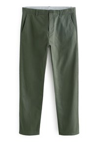 Groene katoenen blend broek met een gladde textuur, voorzakken en een knoopsluiting. Tapered leg ontwerp met een effen kleur afwerking.