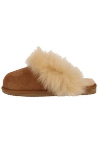 Brown suede slipper with a tan fluffy fur accent at the instep, featuring a flat sole and rounded toe design. Soft texture throughout.