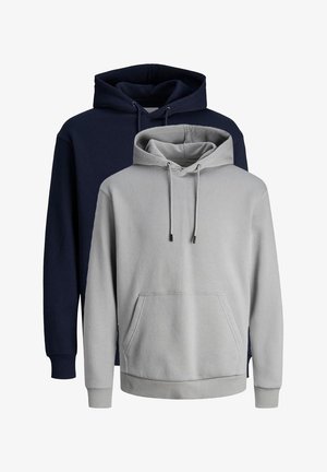 Two hooded sweatshirts: one gray and one navy. Both feature a front pocket, drawstrings on the hoods, and a fleece-like texture.