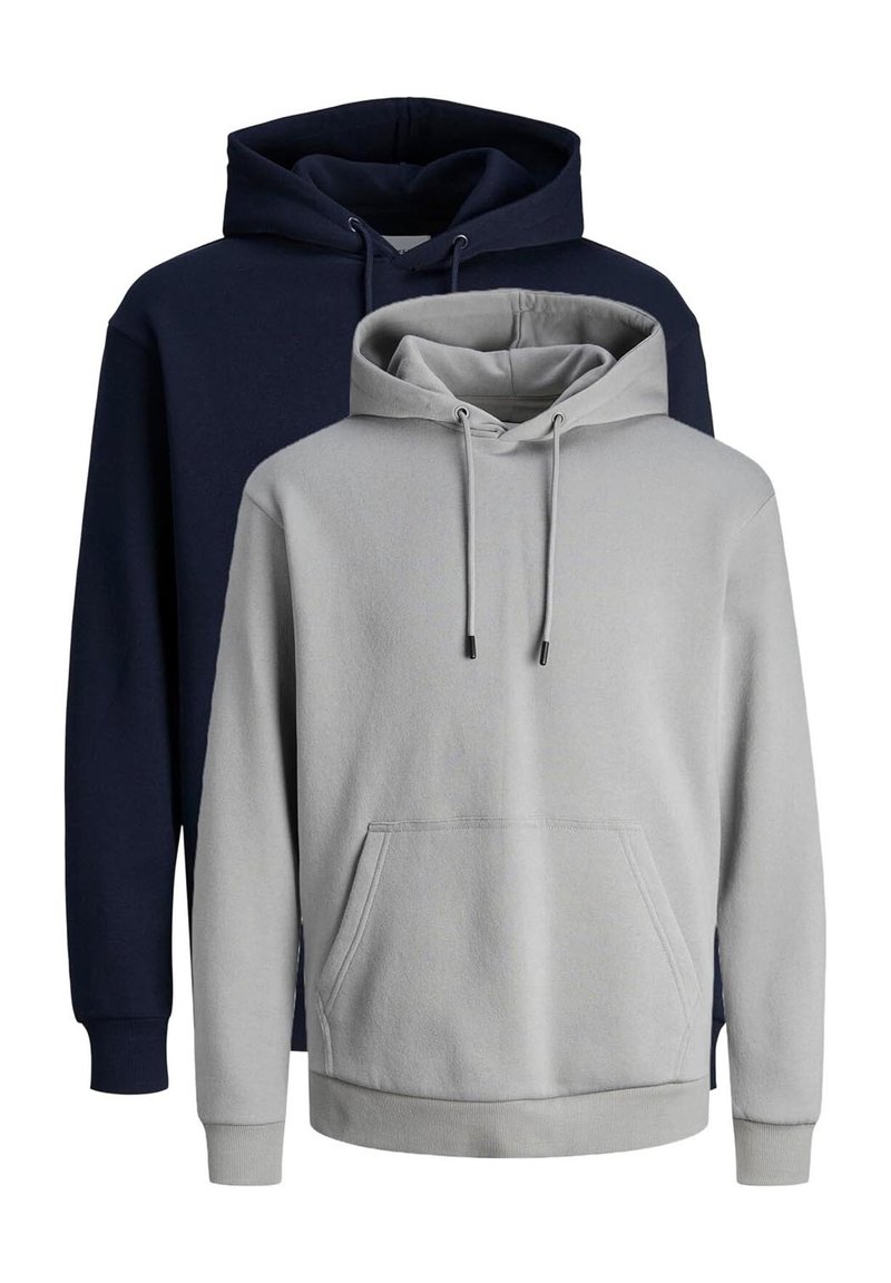 Two hooded sweatshirts: one gray and one navy. Both feature a front pocket, drawstrings on the hoods, and a fleece-like texture.