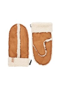 Hnědé semišové rukavice s krémovým um�ělým kožešinovým podšívkou a manžetou. Mají výrazný design švů a klip pro bezpečné upevnění.