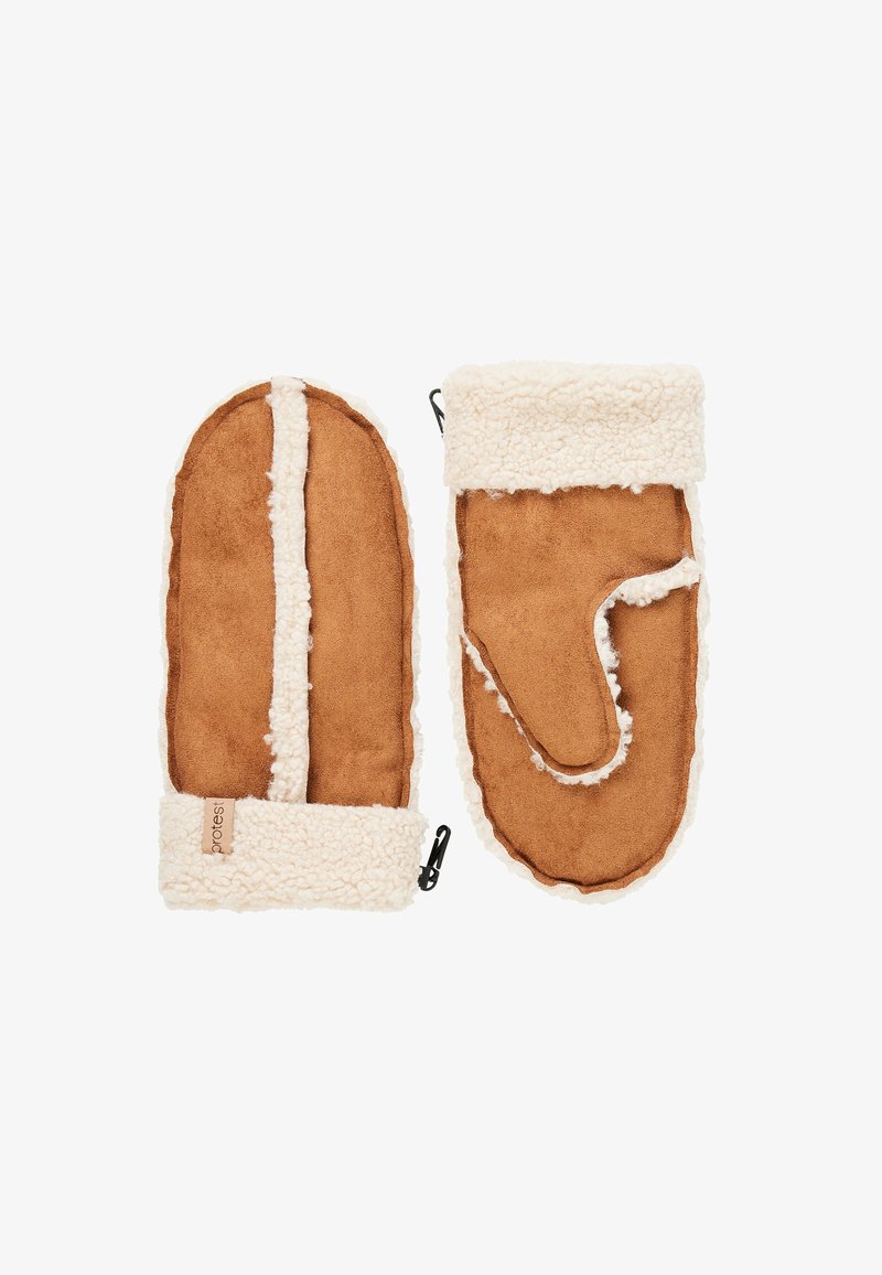 Brązowe zamszowe rękawiczki z kremowym futerkiem syntetycznym w podszewce i mankiecie. Posiadają charakterystyczny wzór szwów oraz klips do bezpiecznego mocowania.