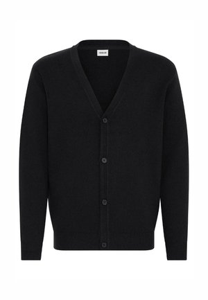 Black cardigan made of soft material, featuring a V-neck, six front buttons, long sleeves, and ribbed hem and cuffs.