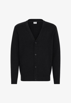 Črn cardigan iz mehkega materiala, z V-izrezom, šestimi sprednjimi gumbi, dolgimi rokavi ter rebrastim robom in manšetami.