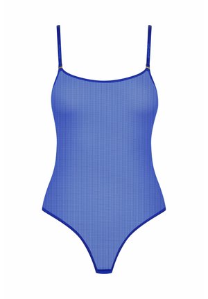 Blauer Netz-Body mit dünnen Trägern, Rundhalsausschnitt und hoch geschnittenen Beinen. Verfügt über kontrastierende Abschlüsse und eine transparente Textur.