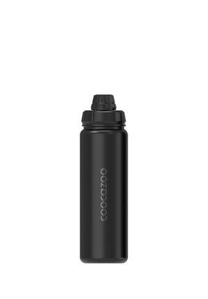 Schwarze wiederverwendbare Wasserflasche mit Schraubverschluss und einem Push-Pull Sportdeckel, mit dem Schriftzug "coocazoo" an der Seite.