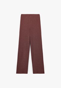 Weite Hose aus strukturiertem burgunderfarbenem Stoff mit hoher Taille und geradem Schnitt. Keine sichtbaren Beschläge oder Verzierungen.