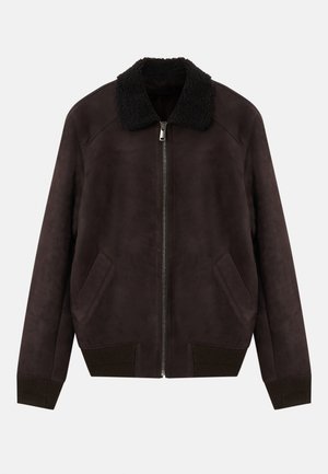 Dark brown suede bomber jacket with black shearling collar, front zipper, angled side pockets, and ribbed cuffs and hem.