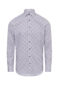Chemise à manches longues à boutons, de couleur bleu clair, avec un motif floral en bleu foncé et violet. Elle présente un col pointu et des boutons foncés.
