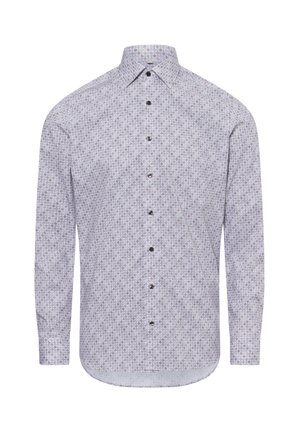 Langarm-Hemd in Hellblau mit floralem Muster in Dunkelblau und Lila. Verfügt über einen spitzen Kragen und dunkle Knöpfe.