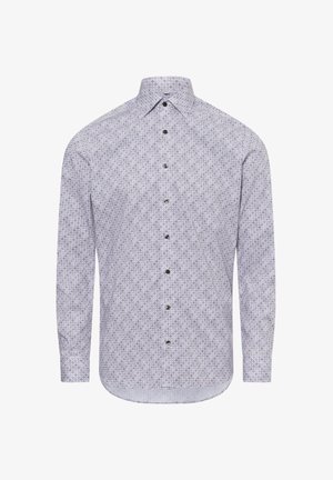Langarm-Hemd in Hellblau mit floralem Muster in Dunkelblau und Lila. Verfügt über einen spitzen Kragen und dunkle Knöpfe.