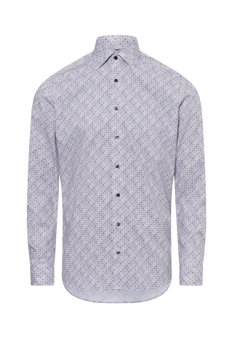 Chemise à manches longues à boutons, de couleur bleu clair, avec un motif floral en bleu foncé et violet. Elle présente un col pointu et des boutons foncés.