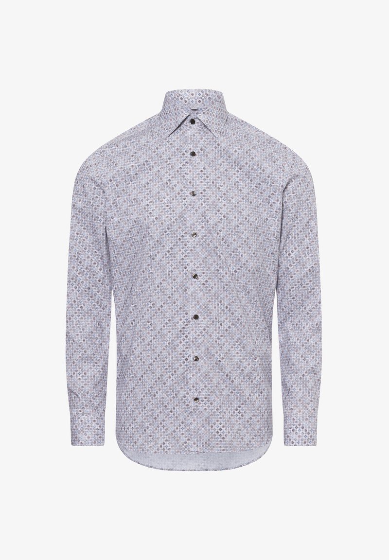 Chemise à manches longues à boutons, de couleur bleu clair, avec un motif floral en bleu foncé et violet. Elle présente un col pointu et des boutons foncés.