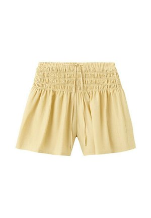 Shorts amples beige clair avec taille élastique froncée et cordon de serrage, confectionnés dans un tissu doux et léger.