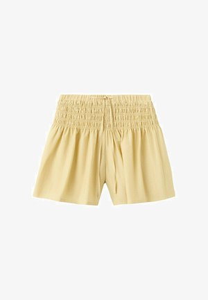 Shorts amples beige clair avec taille élastique froncée et cordon de serrage, confectionnés dans un tissu doux et léger.