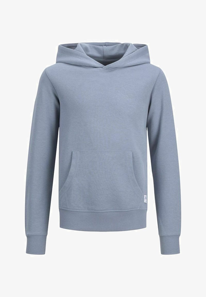 Lyseblå hættetrøje lavet af en blød bomuldsblanding, med frontlomme, ribbede manchetter og snøre i hætten. Enkel og sømløs design.