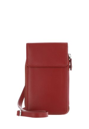 Red leather crossbody bag with front flap and adjustable strap, designed for carrying small personal items securely.