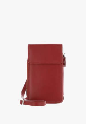 Red leather crossbody bag with front flap and adjustable strap, designed for carrying small personal items securely.