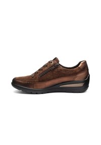 Brown suede and leather casual sneaker with side zipper, lace-up front, and black sole with slight wedge heel.