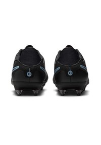 Black soccer cleats with a textured finish, featuring blue accents and clear plastic studs on a sleek design. Rear view highlights heel shape.