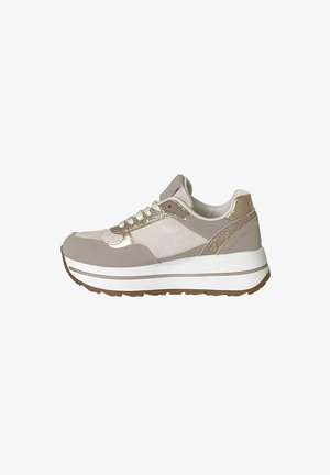Sneaker platform beige e oro con suola media bianca, suola esterna in gomma marrone e dettagli scintillanti sui lati e sul tallone.