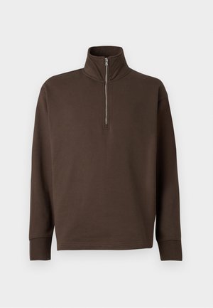 Dark brown long-sleeve pullover with a high collar and a half-zipper front, displayed on a plain white background.