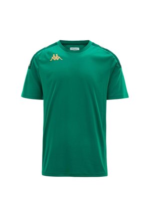 T-shirt sportivo verde a maniche corte realizzato in tessuto leggero. Presenta un logo dorato sul petto e accenti neri a contrasto sulle spalle.