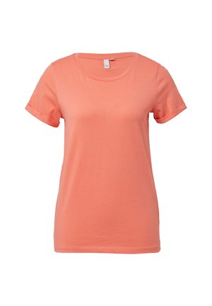Koszulka z krótkim rękawem w kolorze koralowym, okrągły dekolt i zrolowane wykończenie rękawów. Gładka faktura i klasyczny krój.