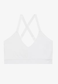 Bralette atlético blanco con diseño de escote en V, tirantes cruzados y una textura suave. Presenta un logo decorativo en la banda.