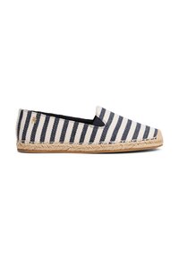 Scarpe slip-on espadrillas con tomaia in tela a righe blu e bianche, suola in juta naturale, punta rotonda e inserti laterali elastici per maggiore flessibilità.