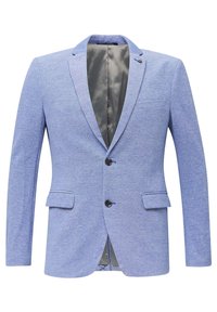 Light blue blazer made of textured fabric, featuring a notched lapel, two buttons, side pockets, and a contrasting interior lining.
