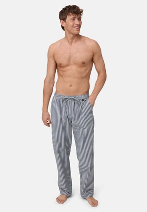 Gestreepte pyjamabroek in lichtgrijs en marineblauw, gemaakt van zachte stof. Bevat een elastische tailleband met een trekkoord en een relaxte pasvorm.
